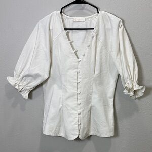 Vita Grace puff sleeve v neck canvas Elegant White Button-Up‎ Women's Top